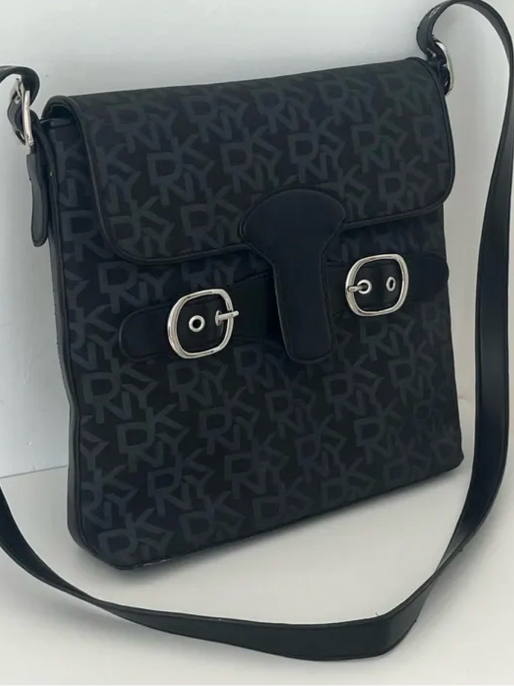 DKNY vintage  Black Monogram Crossbody with Silver Buckle Detail